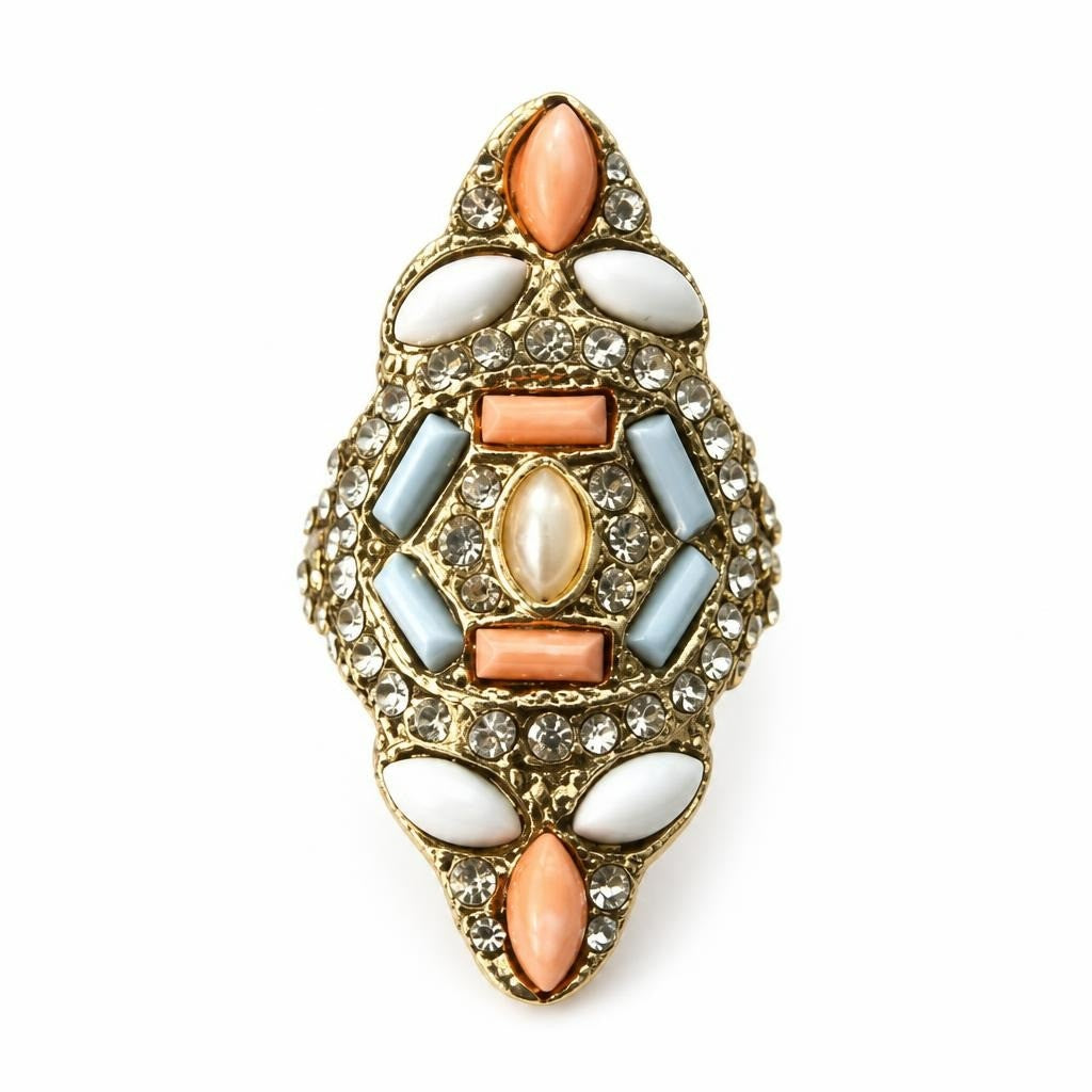 Statement Cocktail Ring Peach White Rhinestone Gold Tone | Pre-Loved | Why Go Less