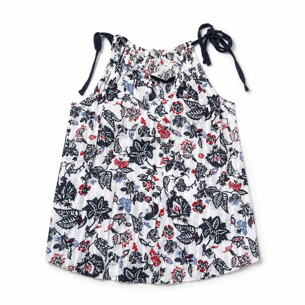 Floral Print Halter Top, White/Navy/Red, Tie Straps - pre-loved at Why Go Less, Lebanon