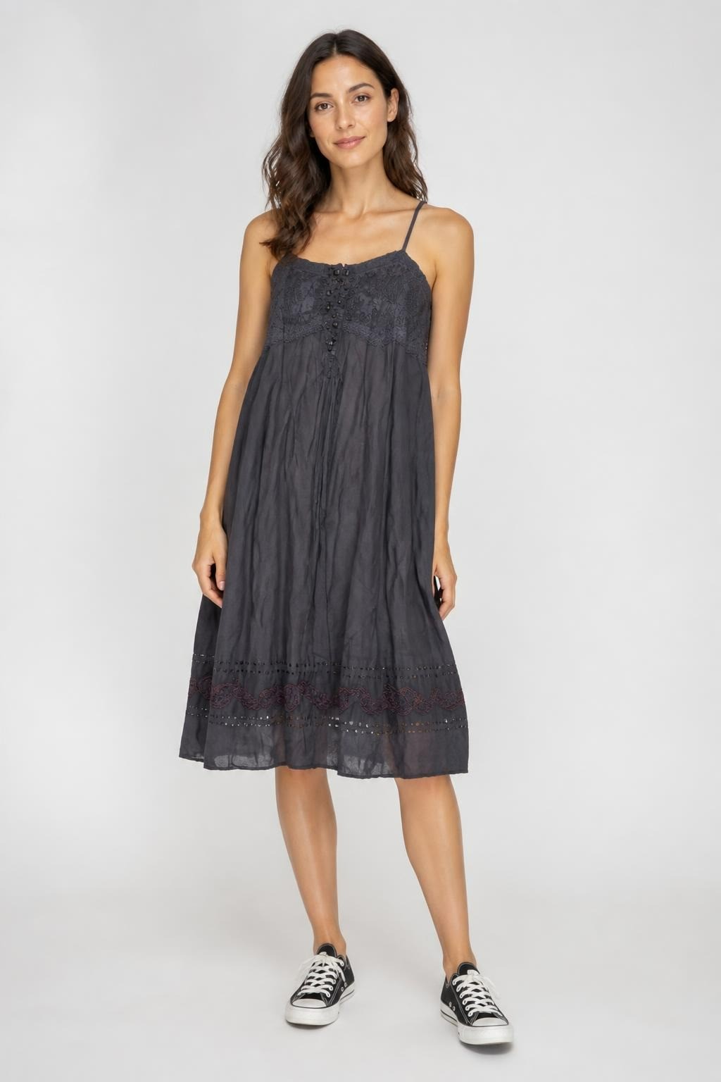 Dark Gray Midi Slip Dress with Lace and Sequins - at Why Go Less, Lebanon