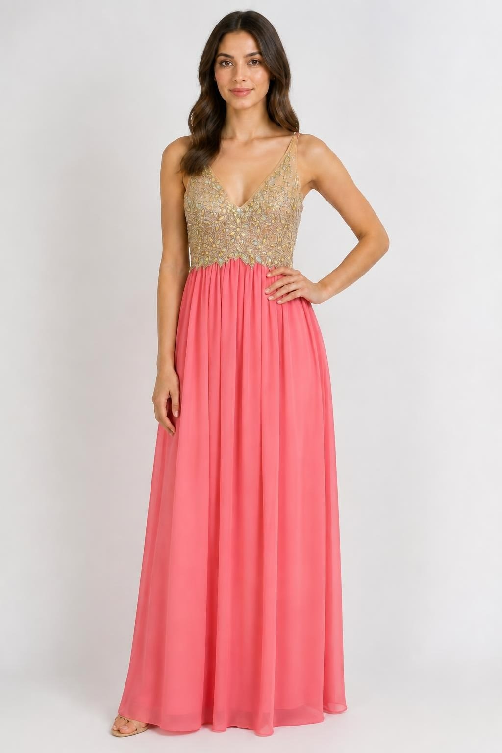 Rhinestone Beaded Bodice Coral Chiffon Maxi Gown | Pre-Loved | Why Go Less