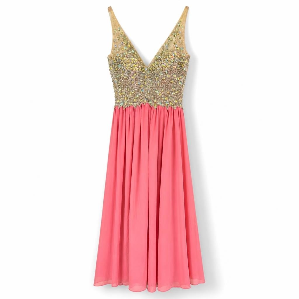 Rhinestone Beaded Bodice Coral Chiffon Maxi Gown | Pre-Loved | Why Go Less