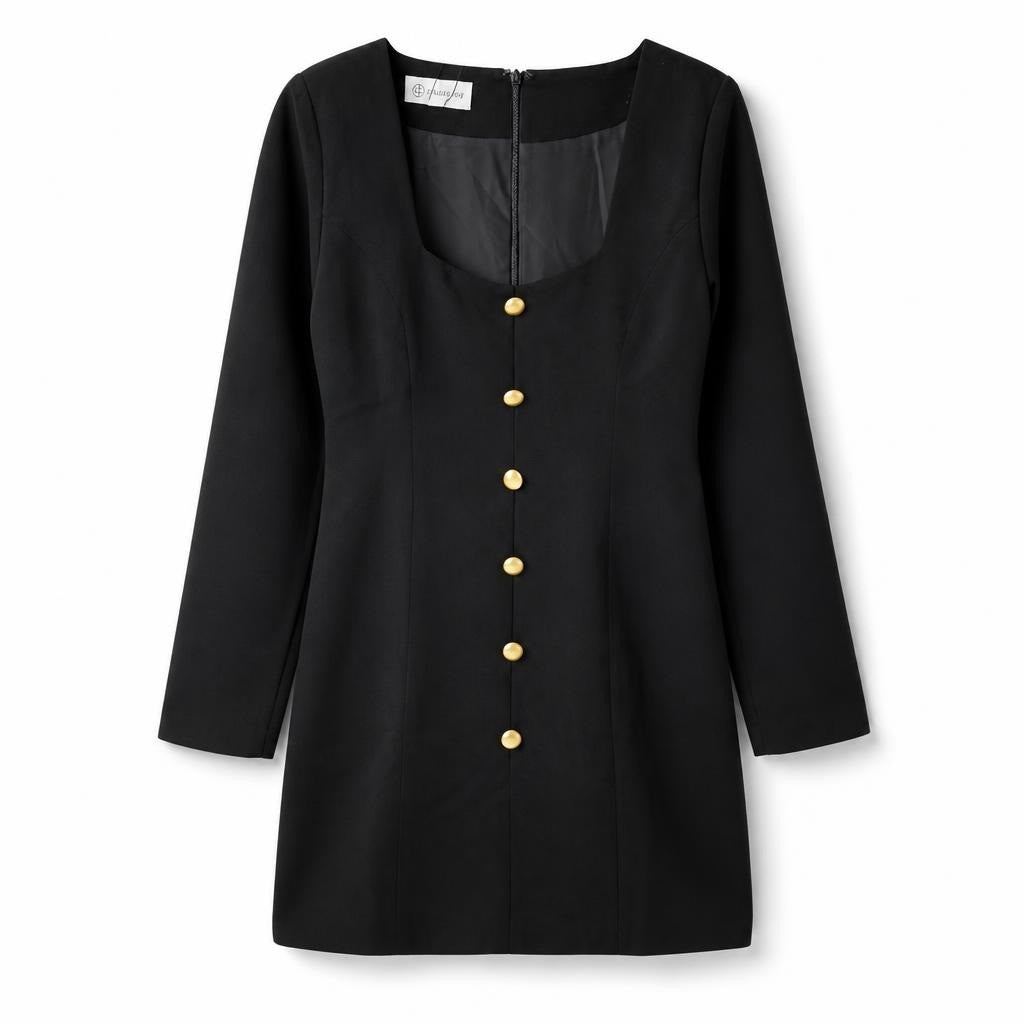H & H Collection Black Mini Dress Square Neck Gold Buttons Long Sleeve - at Why Go Less, Lebanon