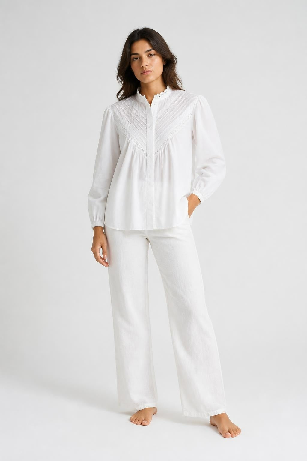 White Cotton Blouse With Lace & Eyelet Detail | New | Why Go Less