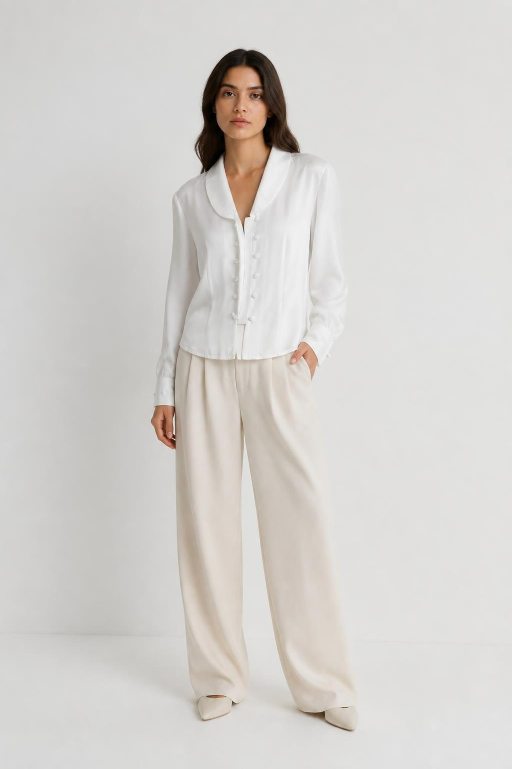 White Satin Long-sleeve Blouse With Bow Cuffs | New | Why Go Less