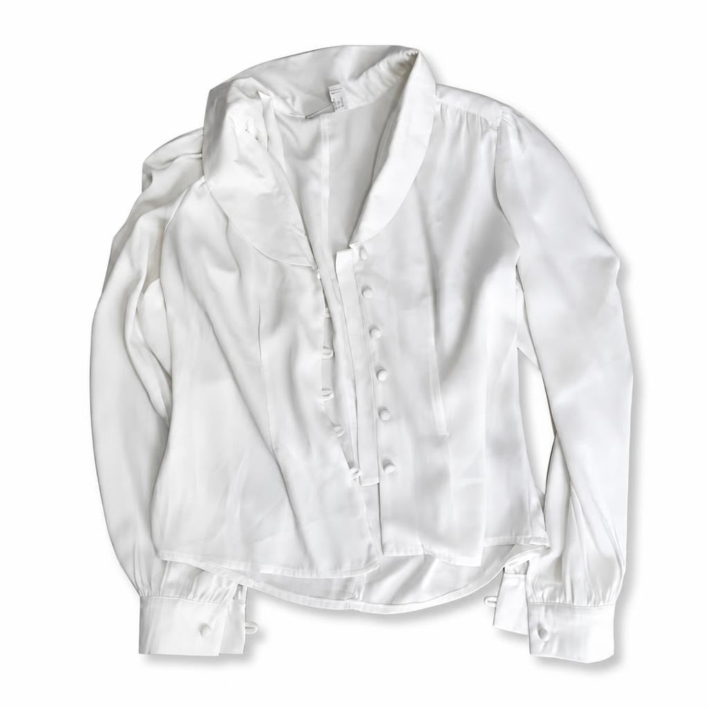 White Satin Long-sleeve Blouse With Bow Cuffs | New | Why Go Less