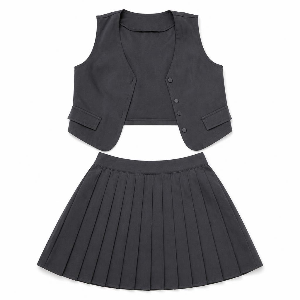 Black Cropped Vest And Pleated Mini Skirt Set | New | Why Go Less