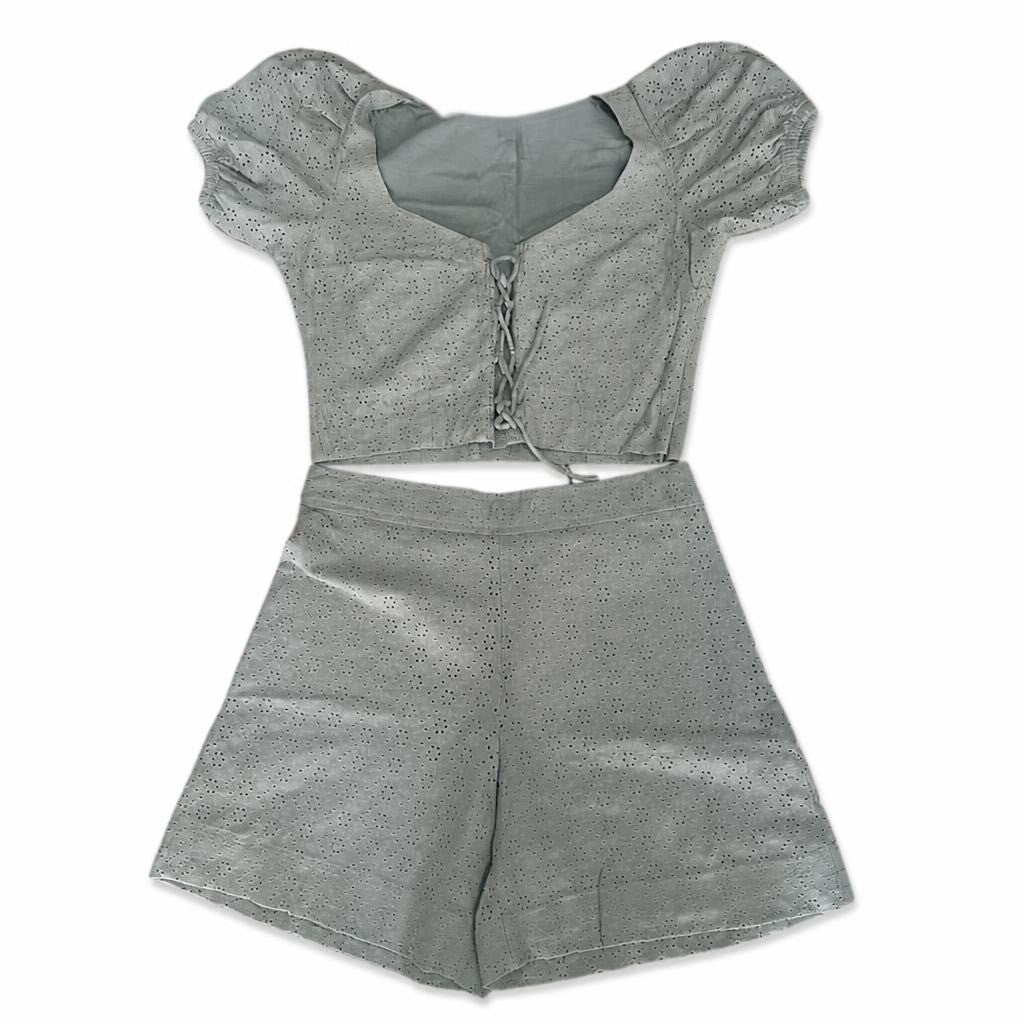 Sage Green Eyelet Crop Top And Shorts Co-ord | New | Why Go Less-2