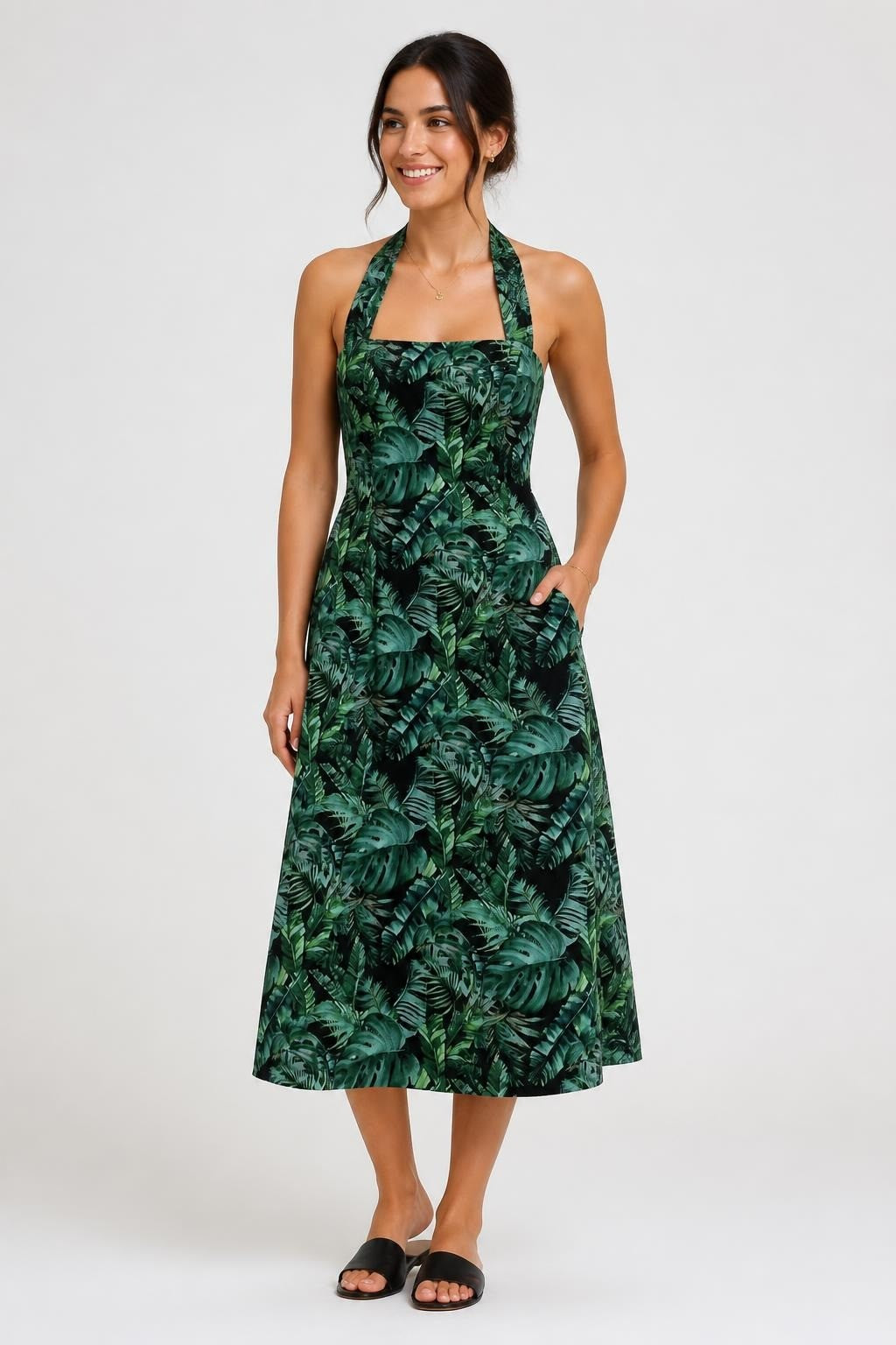 Tropical Leaf Print Halter Neck Midi Dress | New | Why Go Less-1