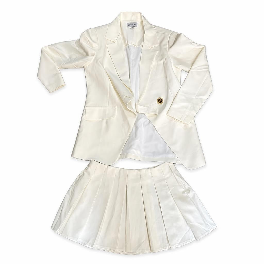 Cream Blazer and Pleated Mini Skirt Set - at Why Go Less, Lebanon