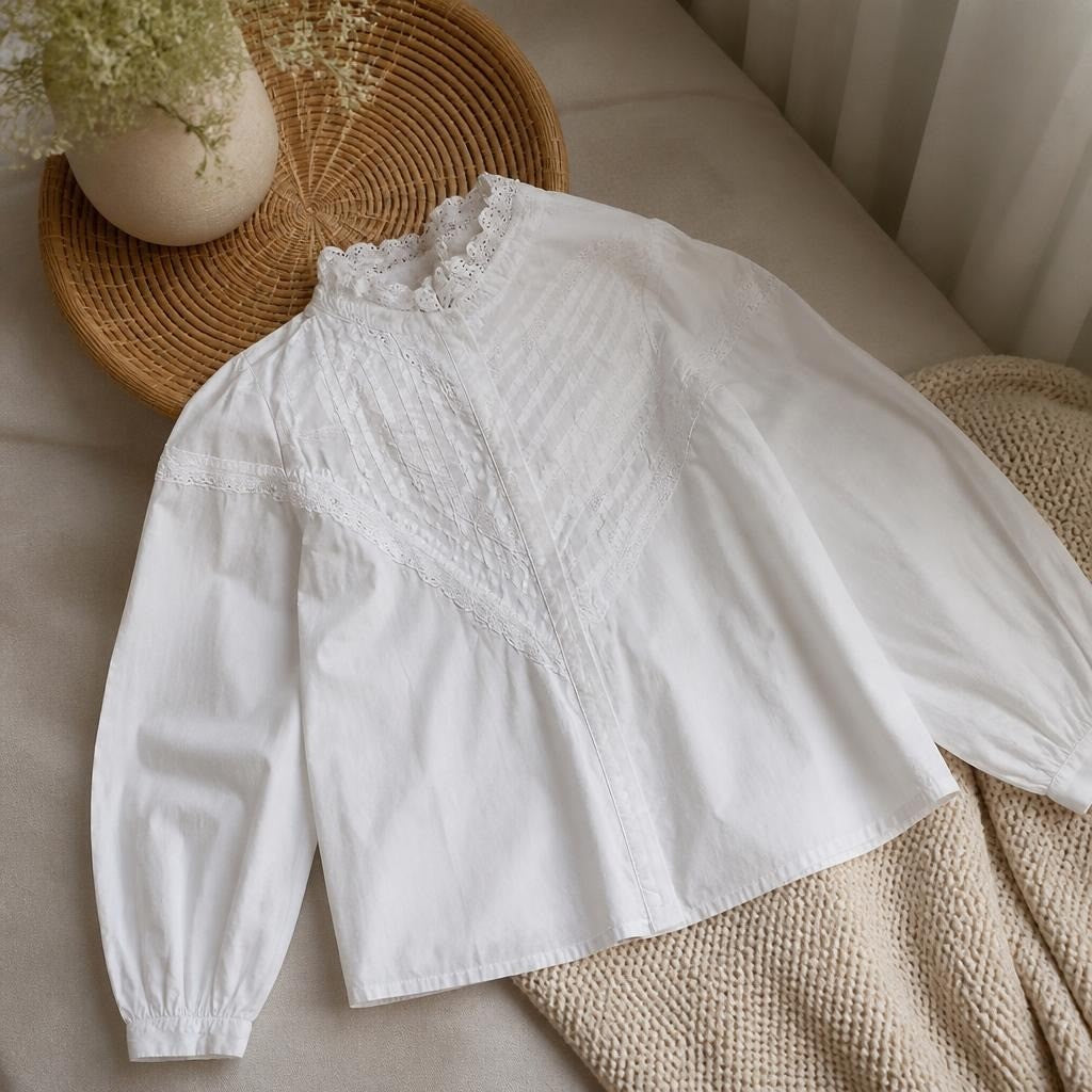 White Cotton Blouse with Lace & Eyelet Detail - at Why Go Less, Lebanon