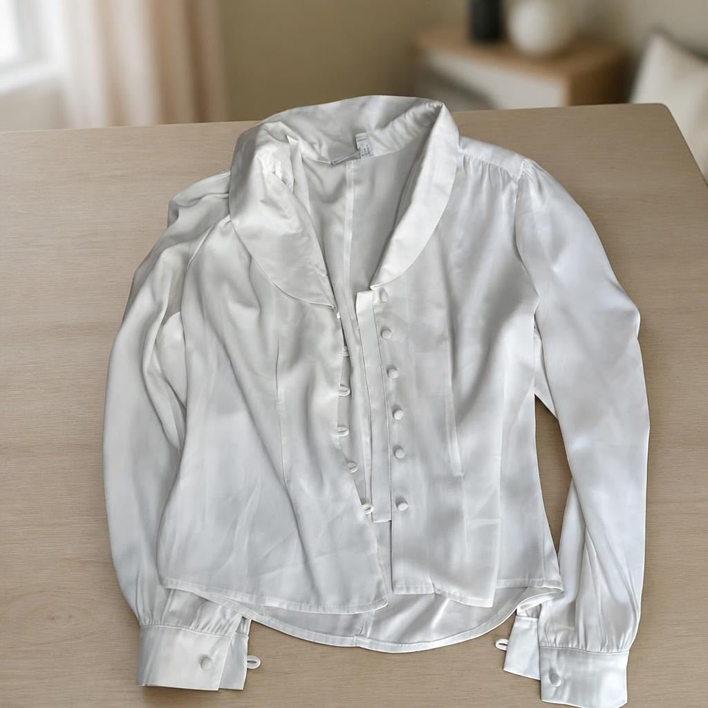 White Satin Long-sleeve Blouse with Bow Cuffs - at Why Go Less, Lebanon
