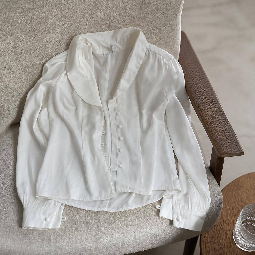 White Satin Long-sleeve Blouse with Bow Cuffs - at Why Go Less, Lebanon