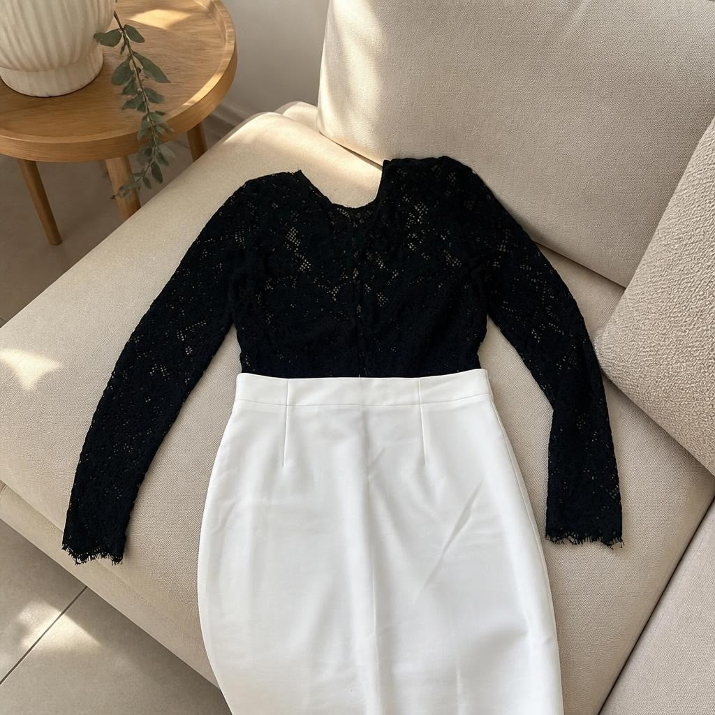Black Lace Top with White Pencil Skirt Set - at Why Go Less, Lebanon