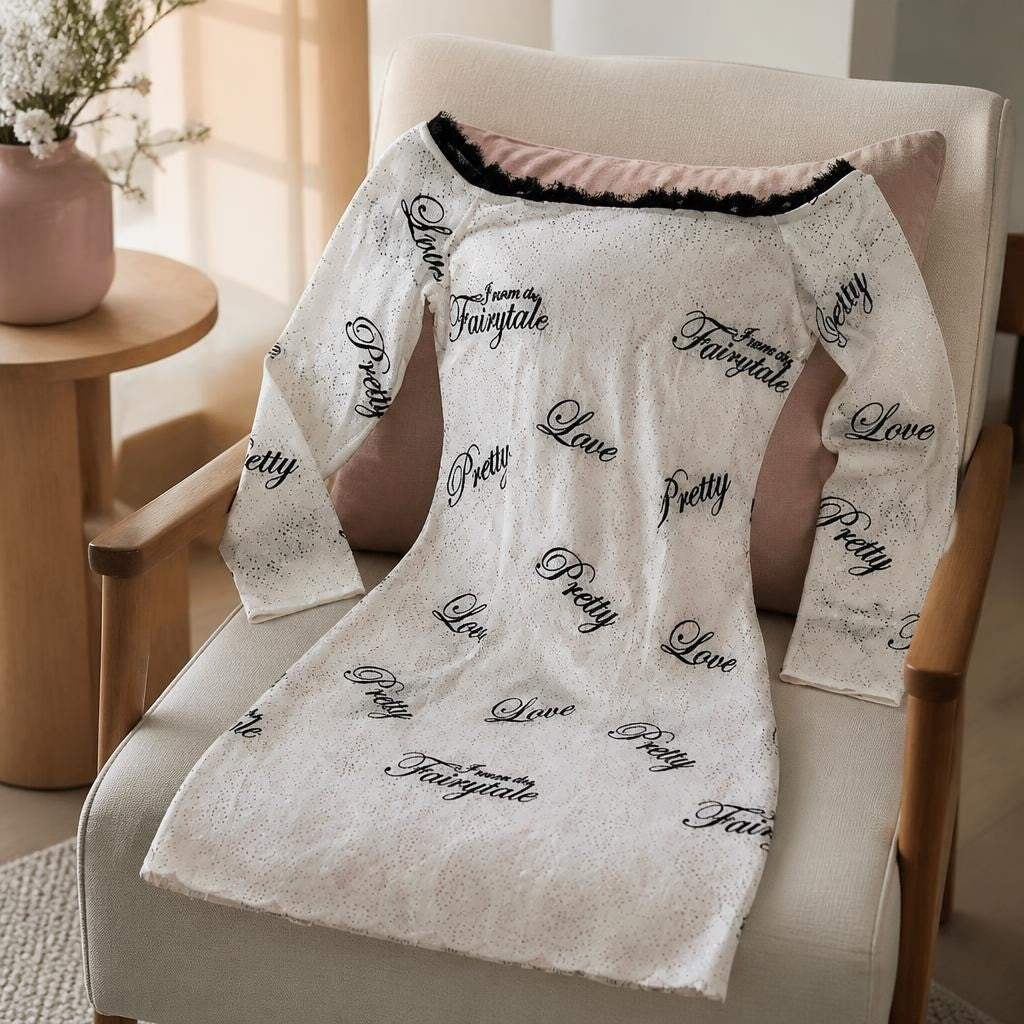 Fairytale Print Mesh Long-sleeve Mini Dress - at Why Go Less, Lebanon