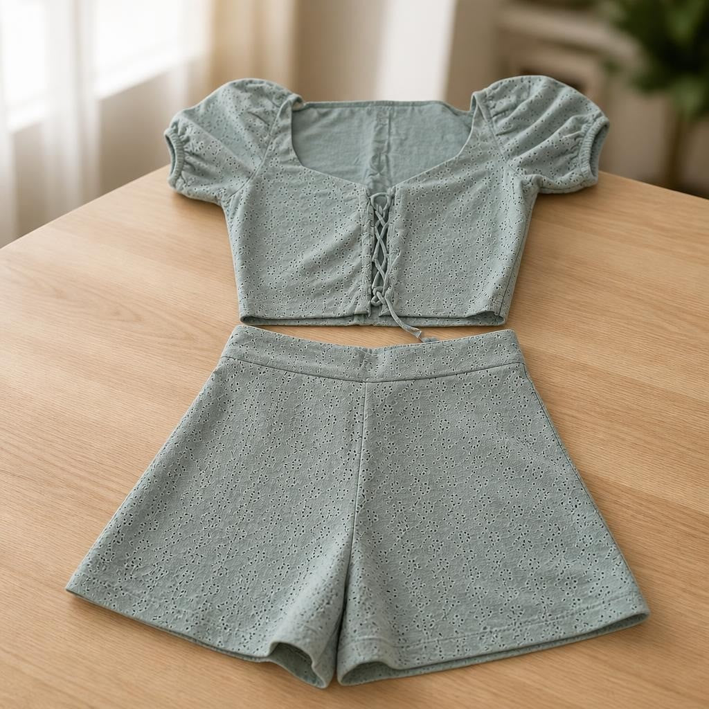 Sage Green Eyelet Crop Top and Shorts Co-ord - at Why Go Less, Lebanon