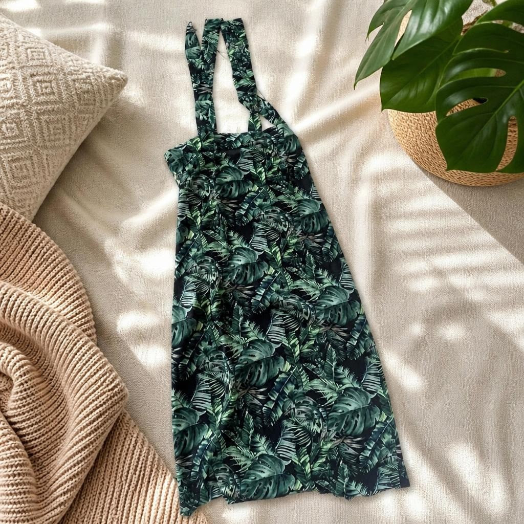Tropical Leaf Print Halter Neck Midi Dress - at Why Go Less, Lebanon