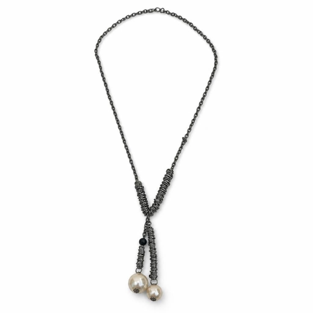 Silver Chain Lariat Necklace with Pearl Drops - pre-loved at Why Go Less, Lebanon