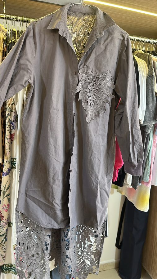 Gray cotton shirt lace hem leaf appliqué - pre-loved at Why Go Less, Lebanon