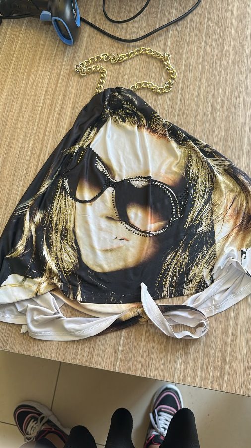 Graphic halter top woman face gold chain tie - pre-loved at Why Go Less, Lebanon