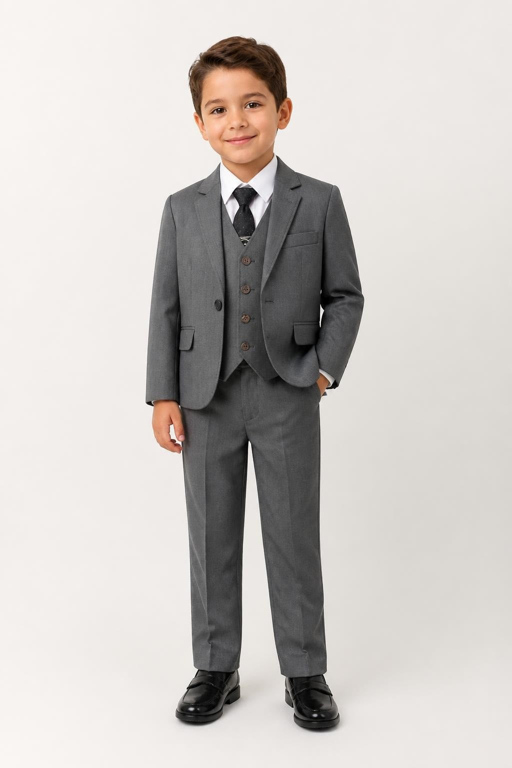 Grey 3-piece Boys Suit Jacket Vest Pants - on model shot, second-hand at Why Go Less, Dekwaneh, Lebanon