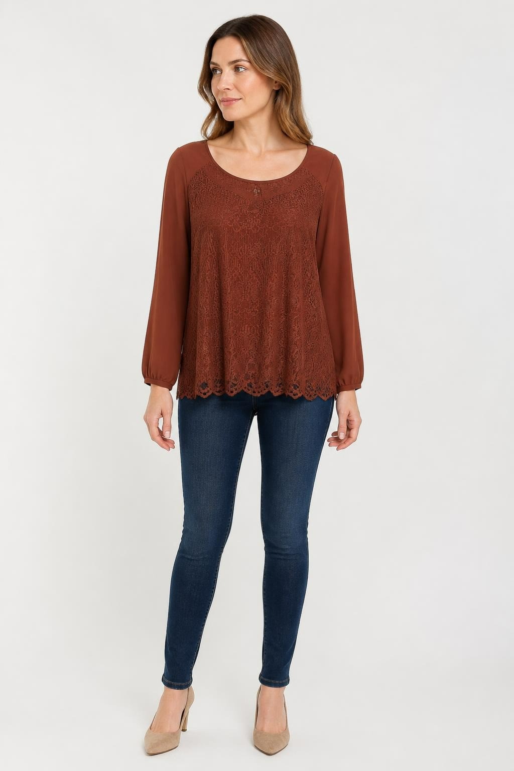 H&M Rust Brown Lace Panel Long Sleeve Top | Pre-Loved | Why Go Less