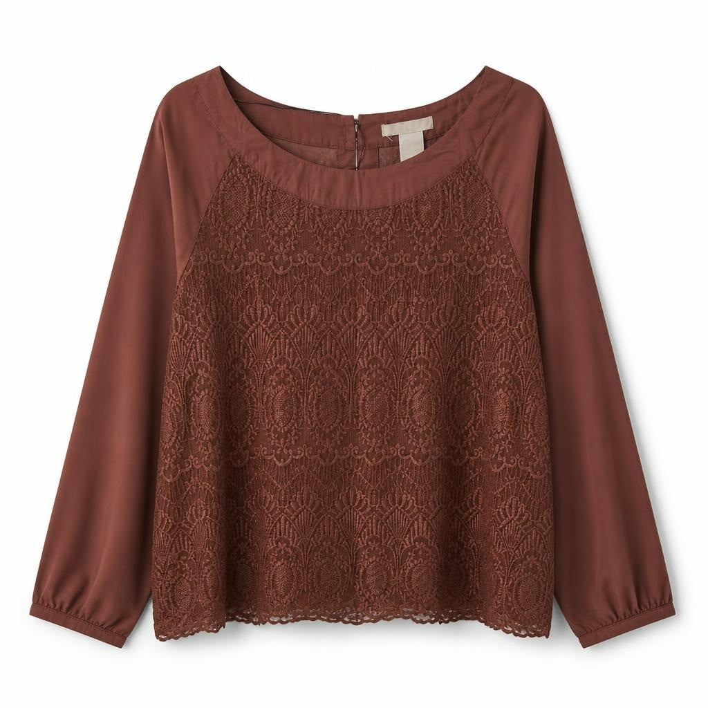 H&M Rust Brown Lace Panel Long Sleeve Top | Pre-Loved | Why Go Less