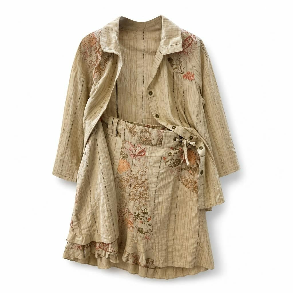 Boho Floral Print Shirt & Skirt Co-ord Set Beige | Pre-Loved | Why Go Less
