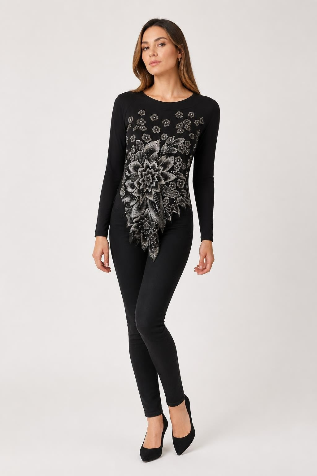 Black Floral Rhinestone Embellished Top | New | Why Go Less
