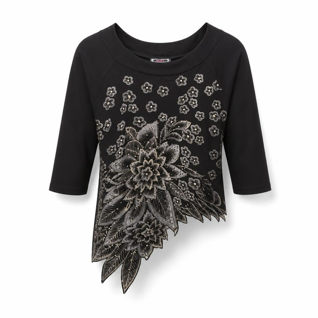 Black Floral Rhinestone Embellished Top | New | Why Go Less