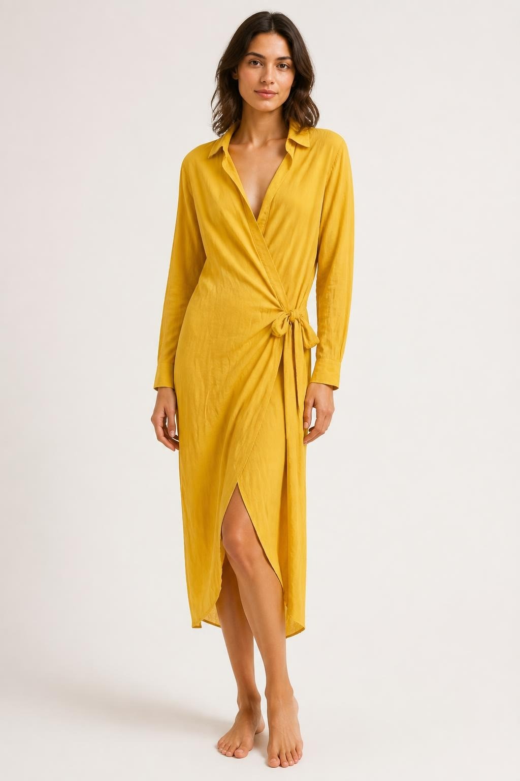 Yellow Wrap Shirt Dress Long Sleeve Belt | Pre-Loved | Why Go Less