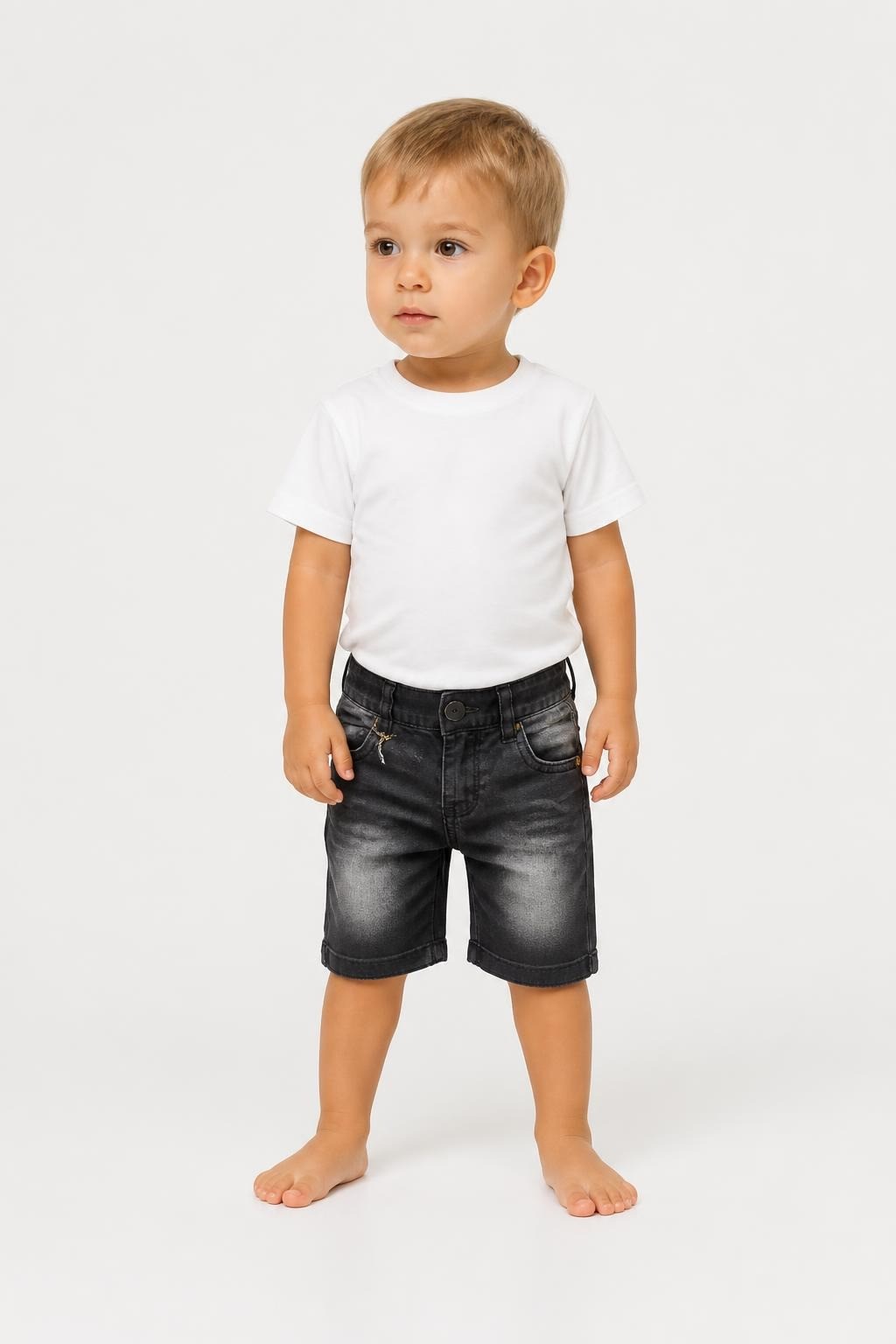Kids Faded Black Denim Shorts With Belt Tag - on model shot, second-hand at Why Go Less, Dekwaneh, Lebanon