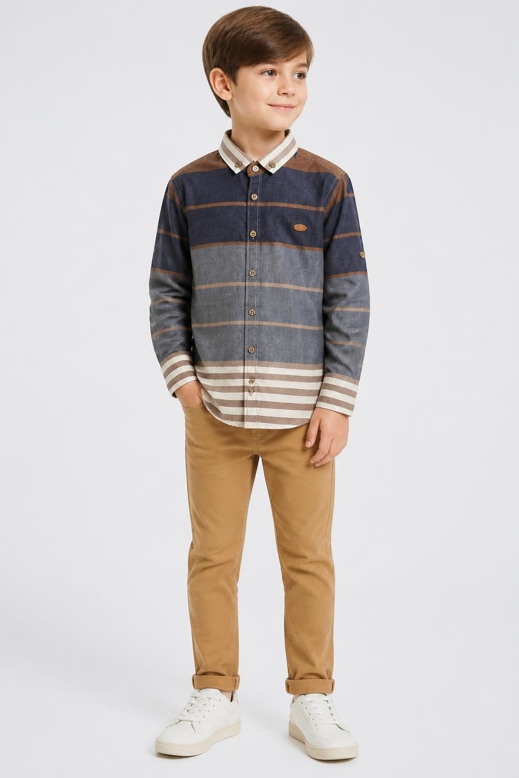 Striped Blue/brown Long-sleeve Boy Shirt - on model shot, second-hand at Why Go Less, Dekwaneh, Lebanon