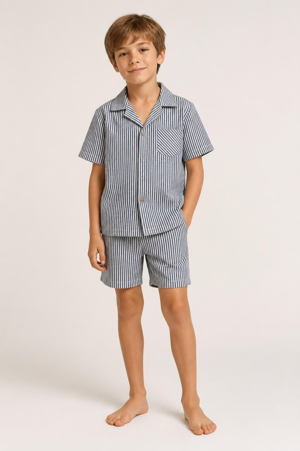 Blue White Stripe Short-sleeve Boy Shirt - on model shot, second-hand at Why Go Less, Dekwaneh, Lebanon