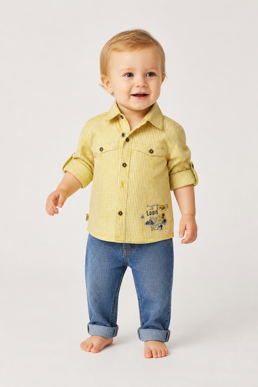 Sergent Major Yellow Check Shirt 18M 81cm - on model shot, second-hand at Why Go Less, Dekwaneh, Lebanon
