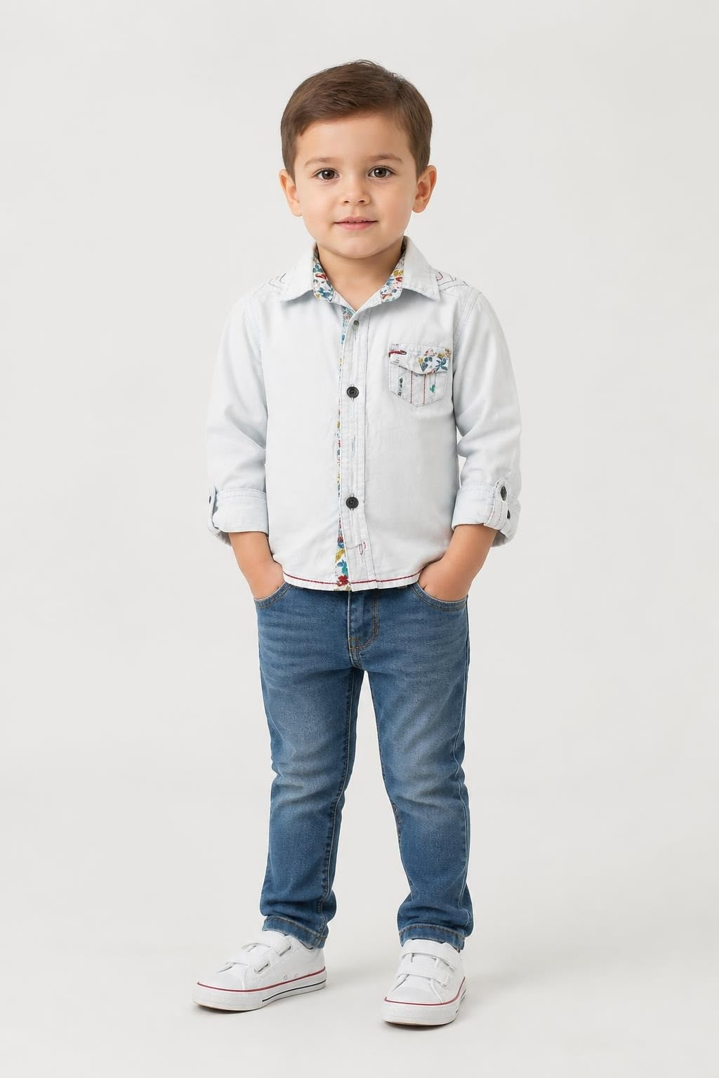 Blue Art White Button-up Shirt Boy Size 4 - on model shot, second-hand at Why Go Less, Dekwaneh, Lebanon