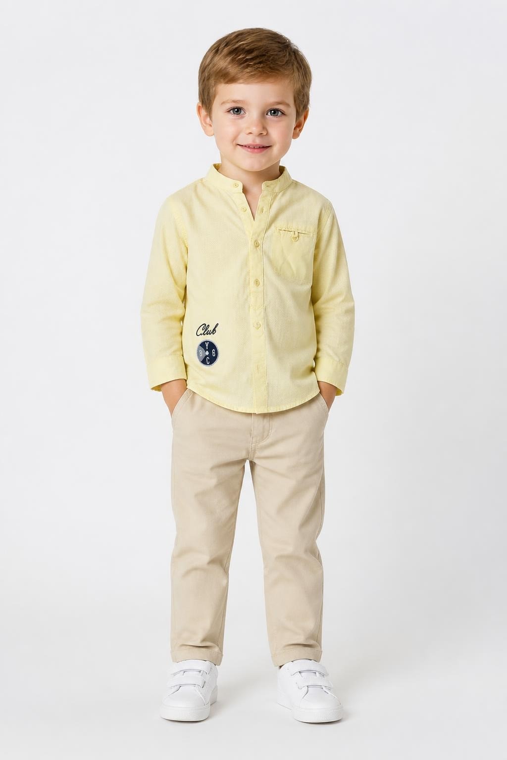 Okaidi Yellow Mandarin Collar Shirt Boy 4Y - on model shot, second-hand at Why Go Less, Dekwaneh, Lebanon