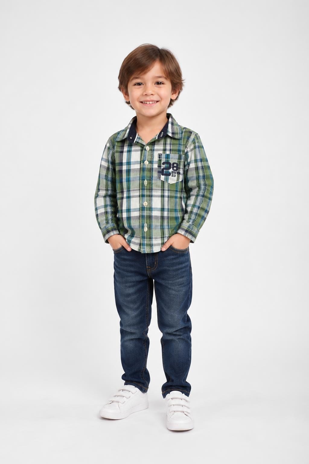 UCB Green Plaid Kids Long Sleeve Shirt - on model shot, second-hand at Why Go Less, Dekwaneh, Lebanon