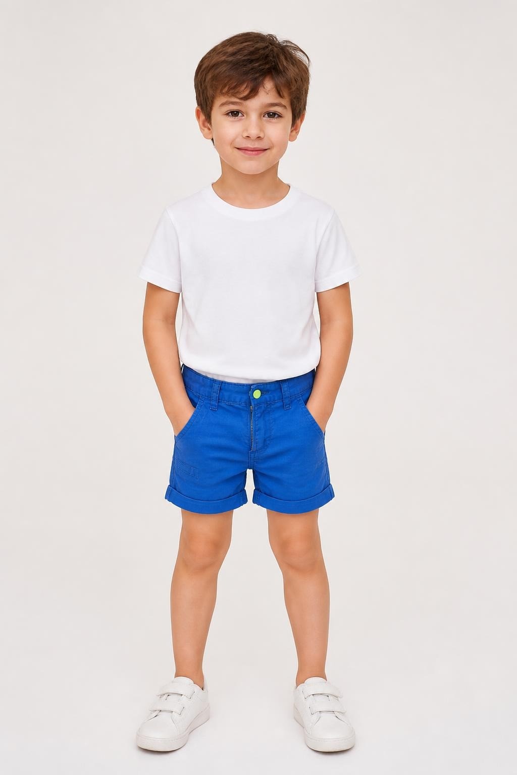 Blue Kids Chino Shorts With Green Button - on model shot, second-hand at Why Go Less, Dekwaneh, Lebanon