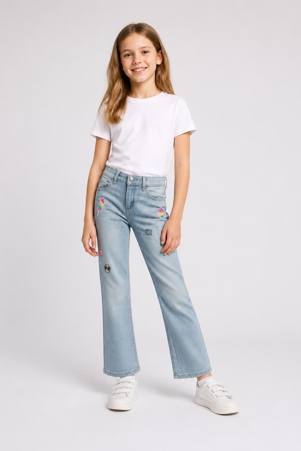 Children's Place Patch Flare Jeans Light Blue 6X/7 - on model shot, second-hand at Why Go Less, Dekwaneh, Lebanon