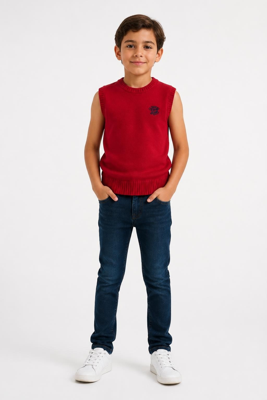 Red Knit Sweater Vest With Logo, Size Unknown - on model shot, second-hand at Why Go Less, Dekwaneh, Lebanon
