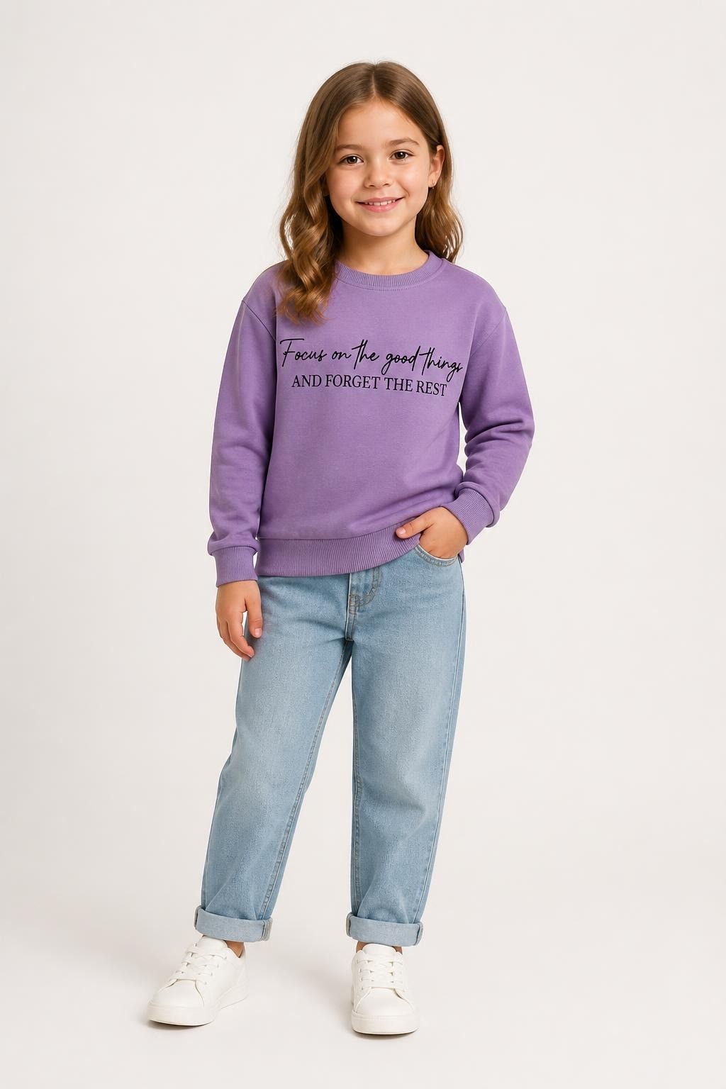 Purple Graphic Crewneck Sweatshirt Kids - on model shot, second-hand at Why Go Less, Dekwaneh, Lebanon
