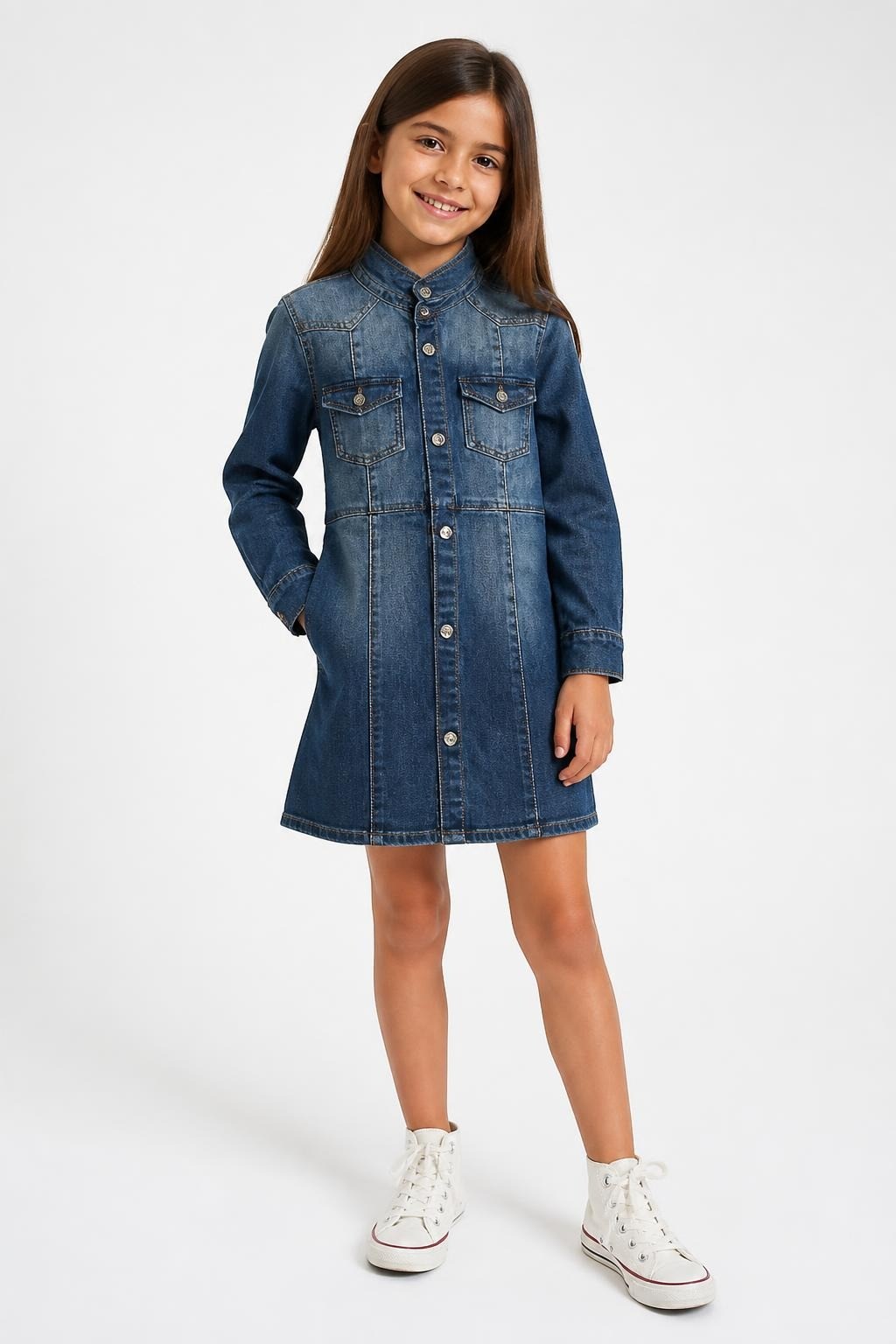 Kids Long Denim Shirt Jacket Blue - on model shot, second-hand at Why Go Less, Dekwaneh, Lebanon
