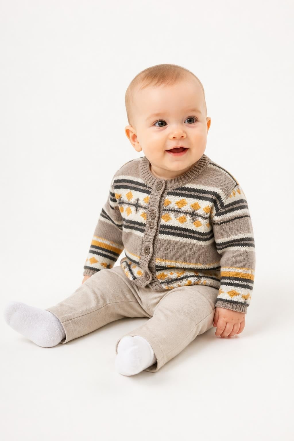 Grey Orange Patterned Knit Baby Cardigan - at Why Go Less, Lebanon