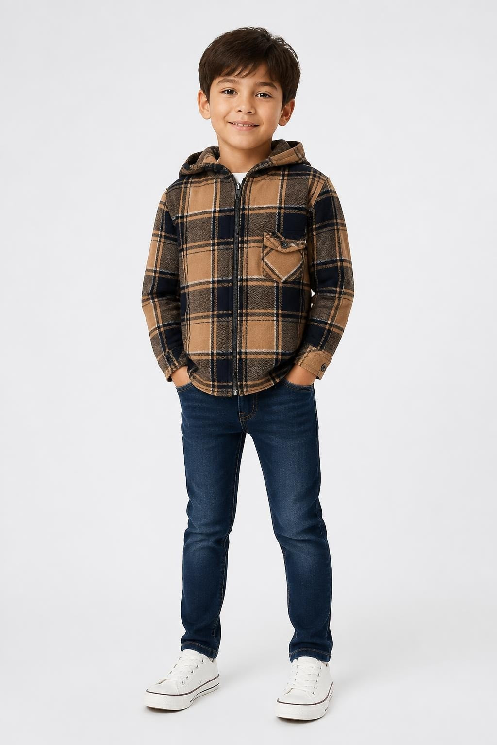 Plaid Hooded Shirt Jacket White Is New Black - at Why Go Less, Lebanon
