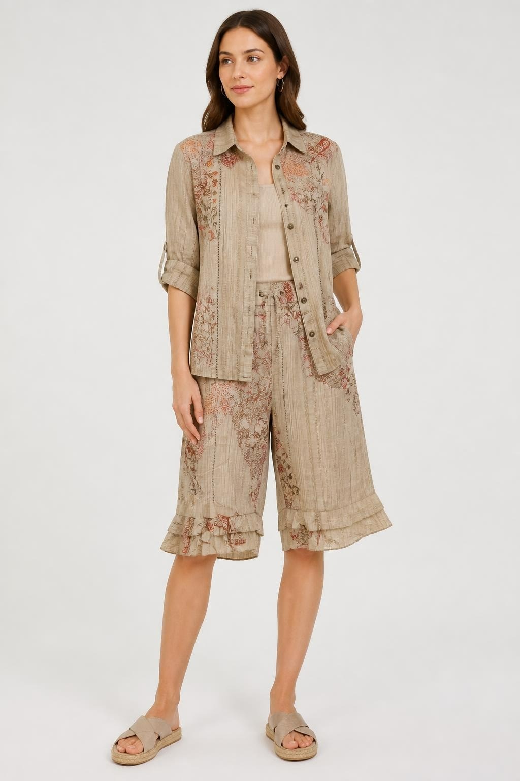 Boho Floral Print Shirt & Skirt Co-ord Set Beige - at Why Go Less, Lebanon