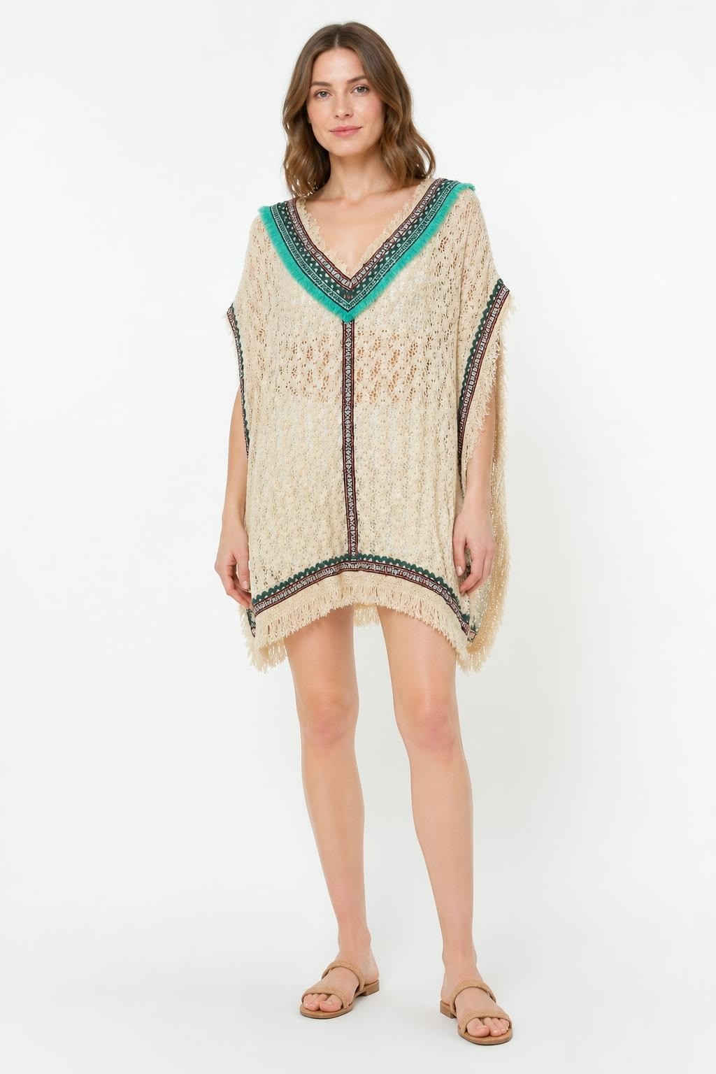 Poncho Bohème Crème Dentelle Franges Bordure Bleu Sarcelle | Occasion | Pourquoi se contenter de moins
