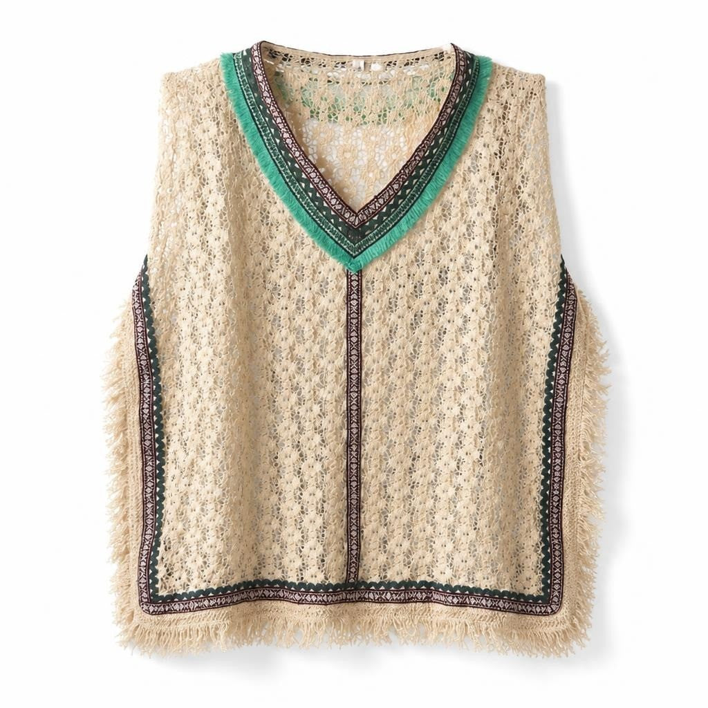 Poncho Bohème Crème Dentelle Franges Bordure Bleu Sarcelle | Occasion | Pourquoi se contenter de moins