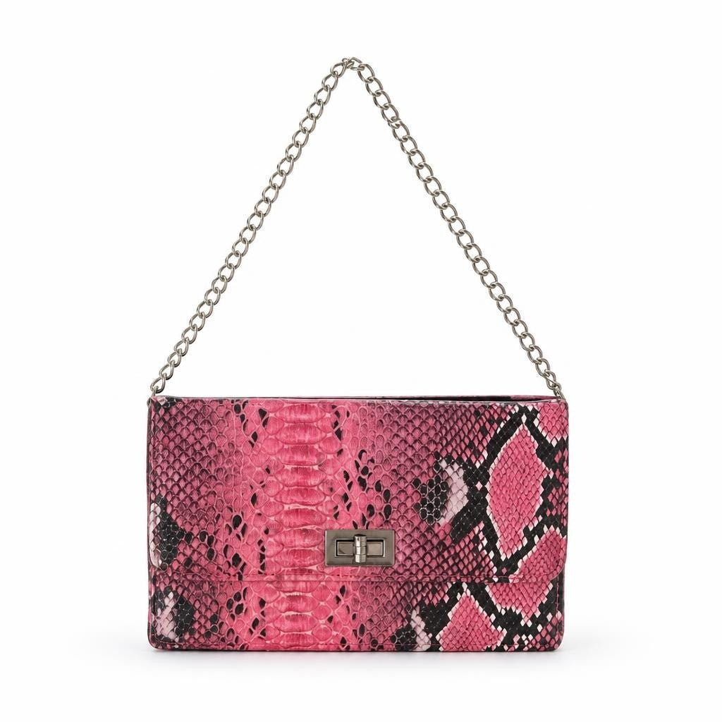 Pink Snakeskin Print Chain Shoulder Clutch Bag | Pre-Loved | Why Go Less