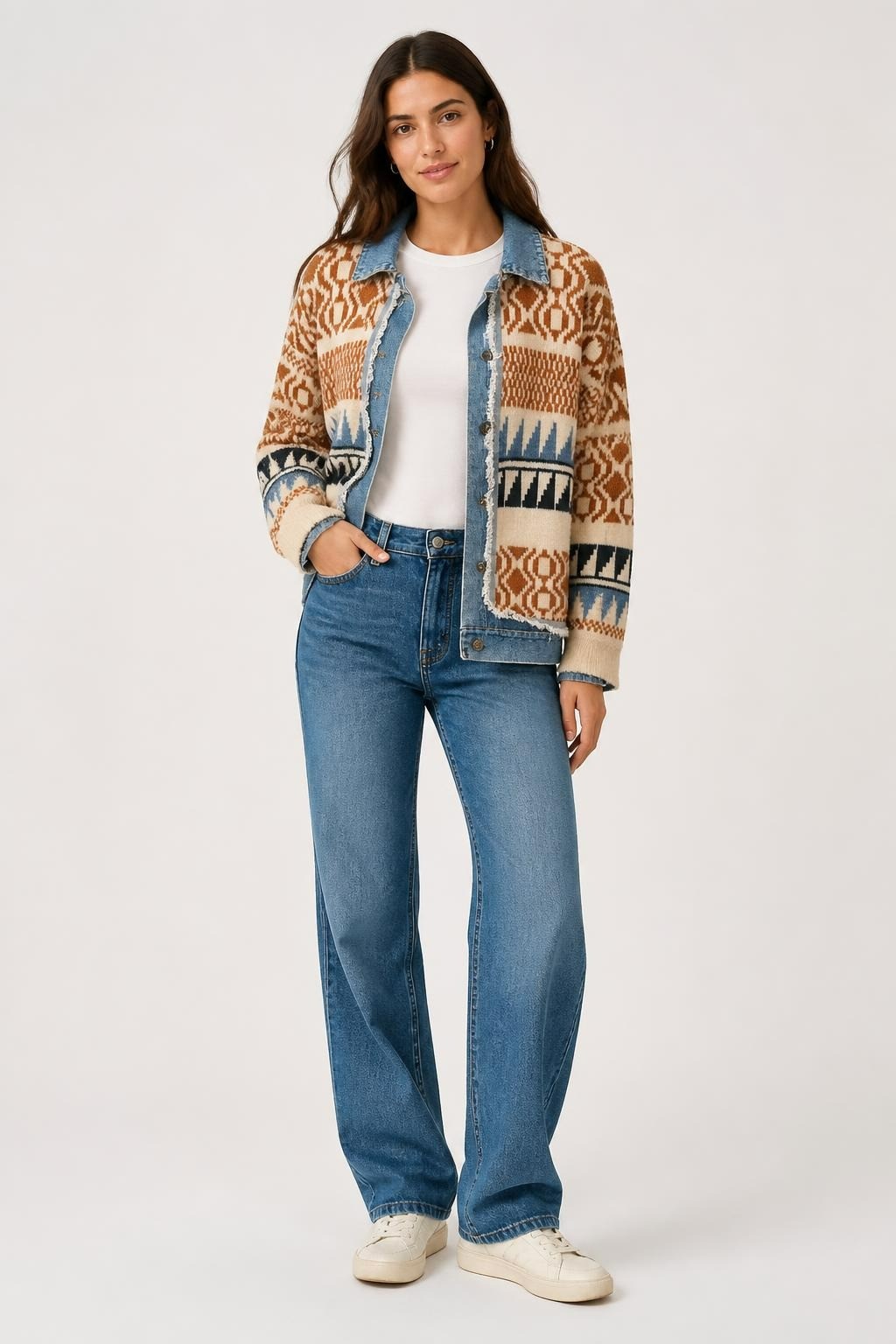 Robin Aztec Knit Denim-trim Button Jacket | Pre-Loved | Why Go Less