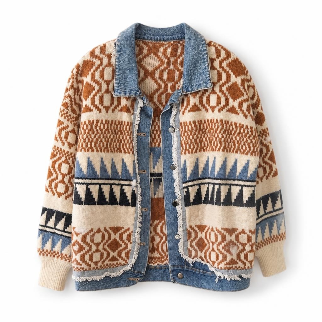 Robin Aztec Knit Denim-trim Button Jacket | Pre-Loved | Why Go Less